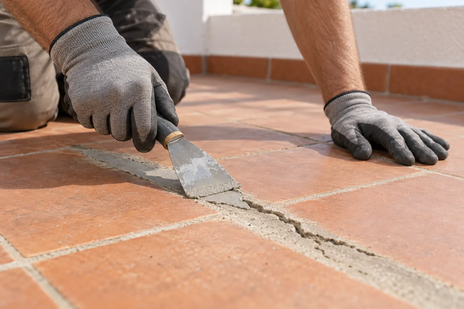 Profesional aplicando masilla con esp&aacute;tula para reparar una grieta en el pavimento de una terraza.